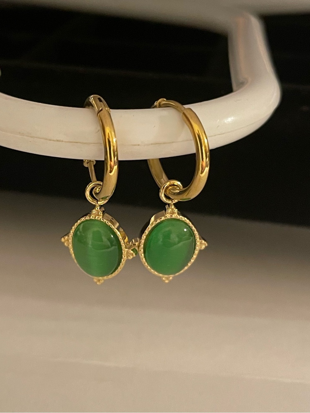 Gold Hoop Earrings with Green Gem Dangle